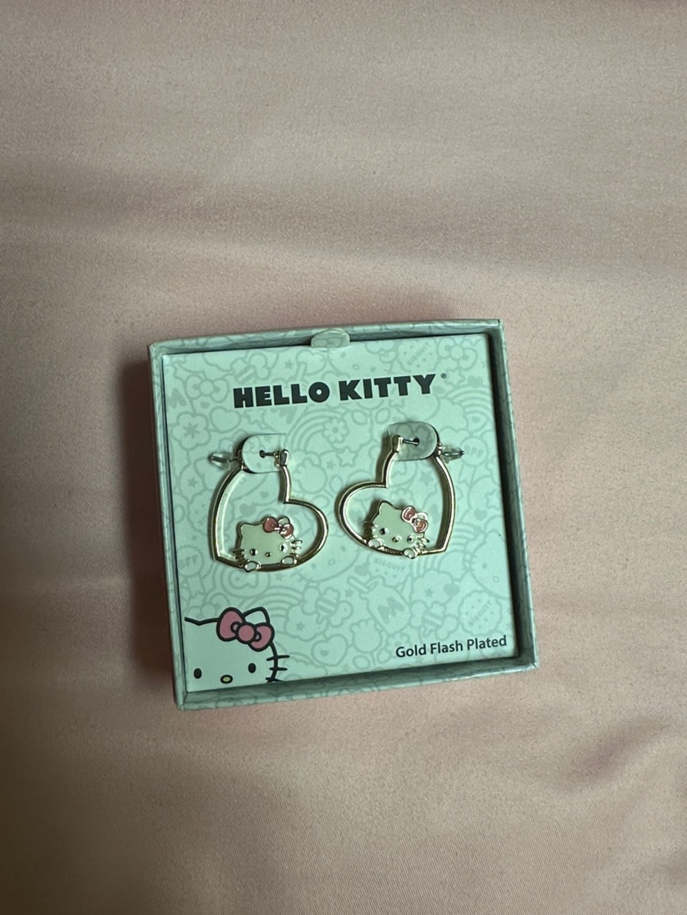 Hello Kitty Gold Heart Hoop Earrings with Pink Bow Accents